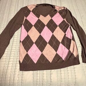 Express Purple & Brown/Tan with Grey Argyle V-Neck Silk & Cashmere Blend Sweater